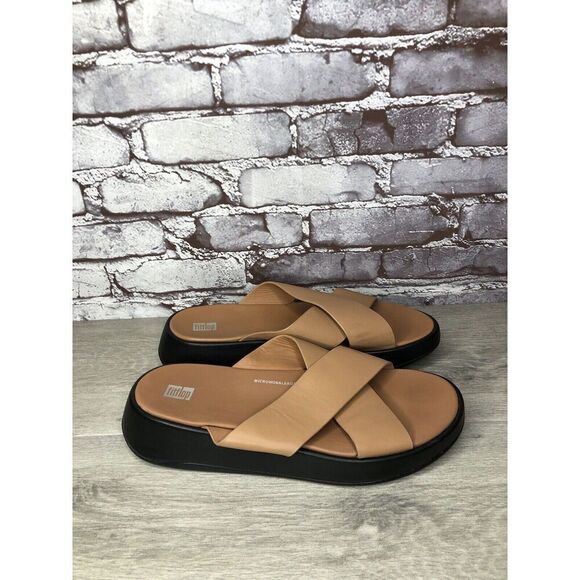 Fitflop F-Mode Brown Leather Flatform Cross Strap Slides Women’s Sz 10M US/42EU - Picture 12 of 16